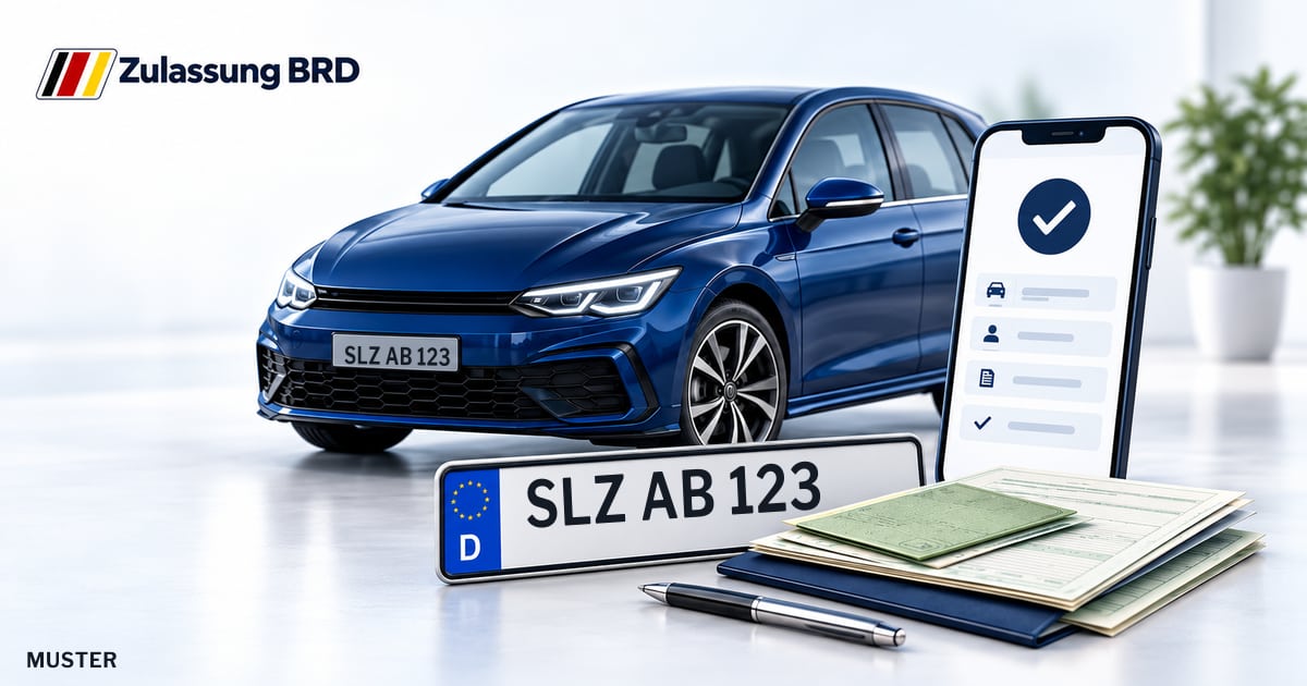 Online Fahrzeugzulassung in Wartburgkreis: Musterkennzeichen SLZ AB 123, Auto und Fahrzeugpapiere und Smartphone. Illustration mit Logo von Zulassung BRD.
